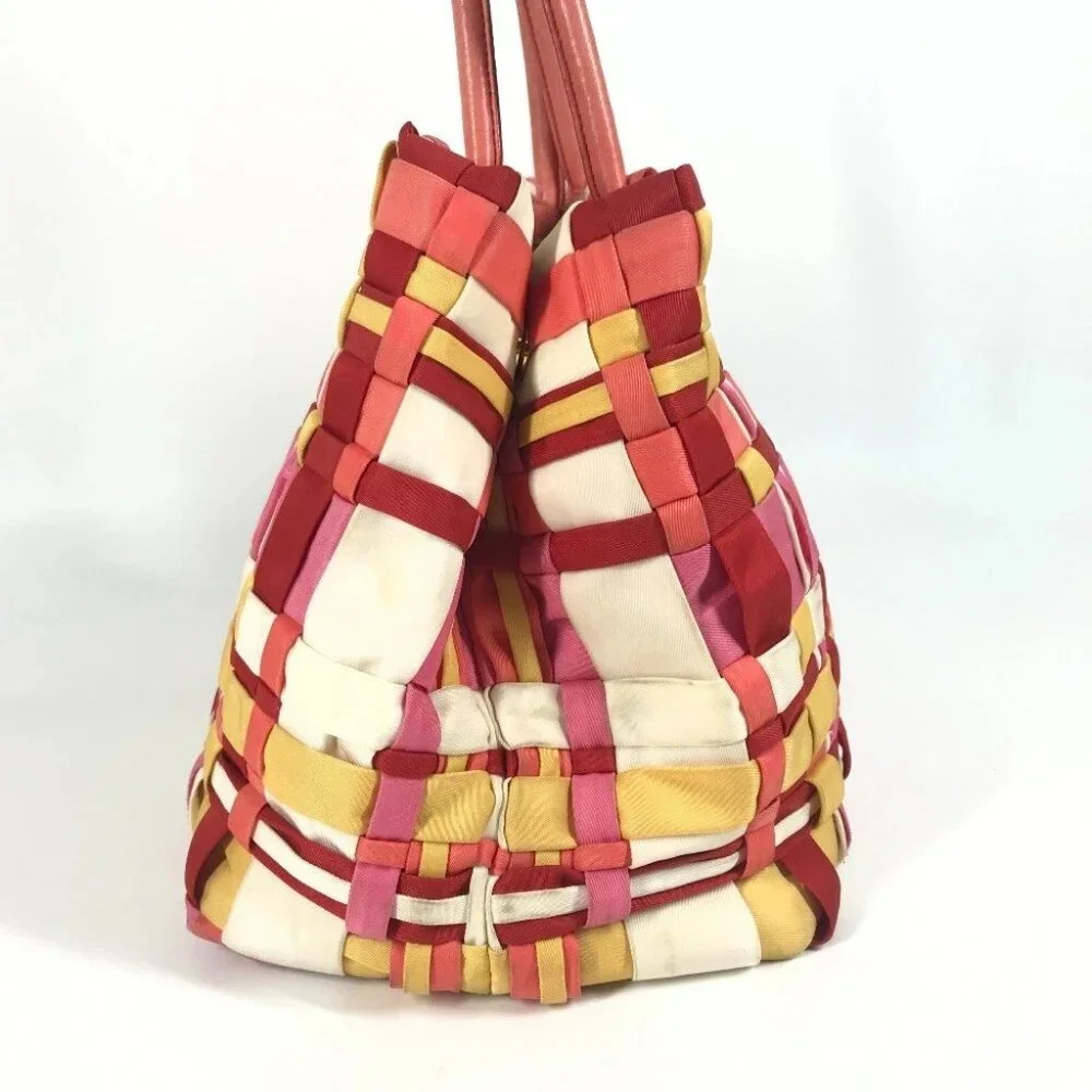 PRADA Braided Logo triangle logo plate Bag Tote Bag Hand Bag Nylon pink/White - Picture 4 of 14